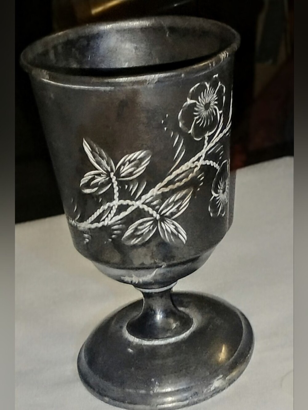 Vintage Hand Engraved Floral Silver Plate Goblet Etched Cordial Chalice